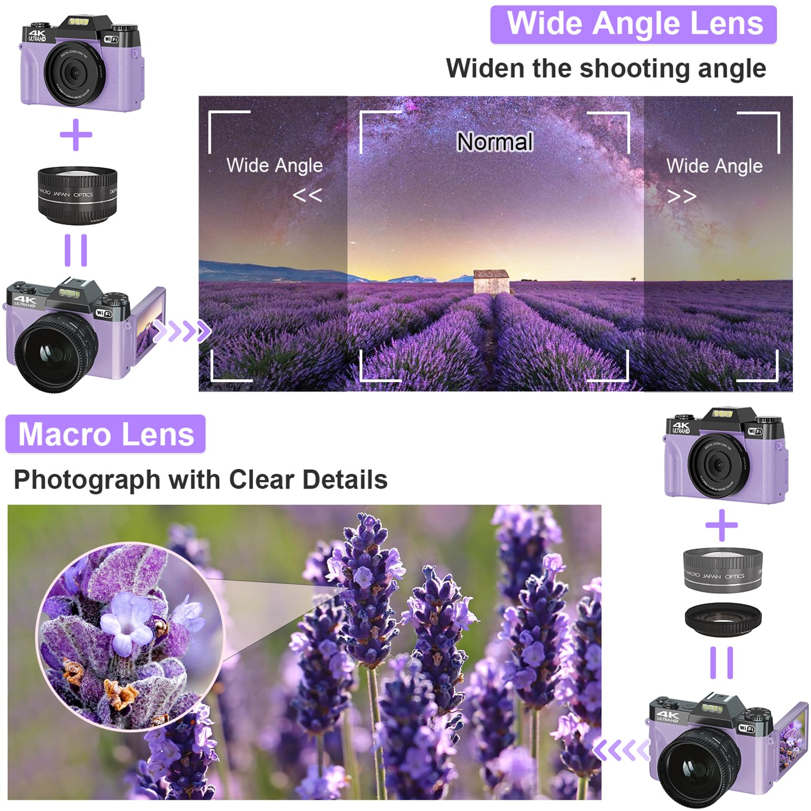 Digital Cameras For Photography, 4K 56Mp Vlogging Camera 16X Digital Zoom Manual Focus Rechargeable Students Compact Camera With 52Mm Wide Angle & Macro Lens, 32G Tf Card And 2 Batteries(Purple)